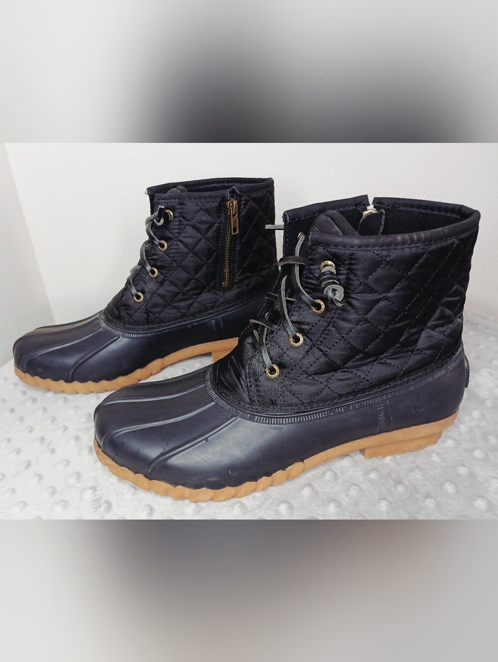 Nautica Black Quilted Lace-Up Winter Rain Boots with Gum Sole